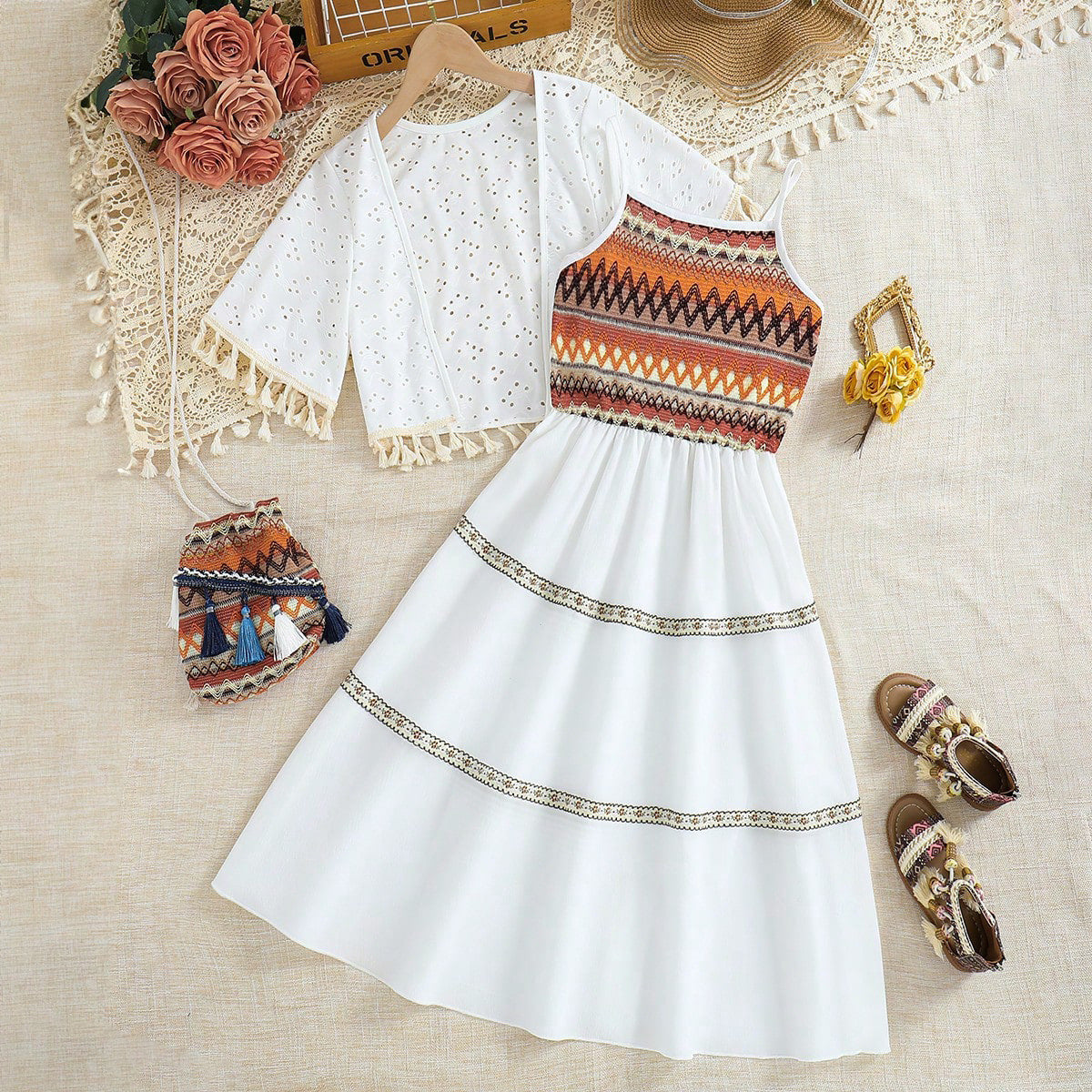 Set Boho Chic Bambina Abito Lungo con Cardigan e Borsa Coordinata