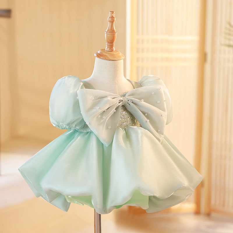 Abito Elegante Bimba Verde Acqua con Maxi Fiocco e Perline
