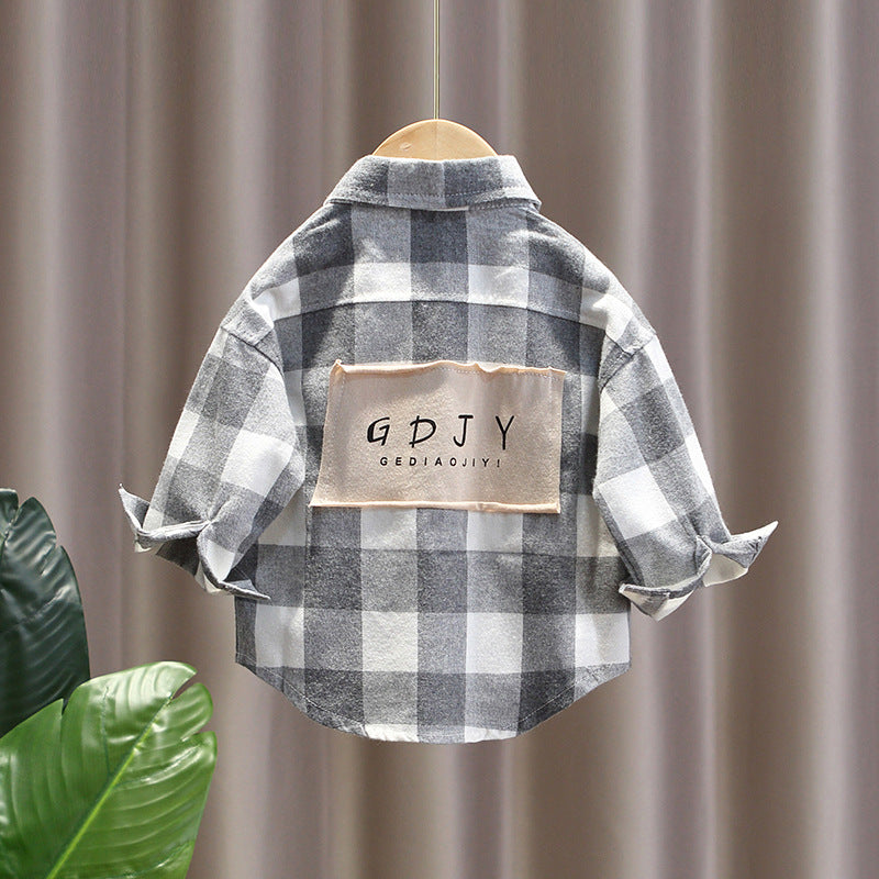 Camicia a Quadri per Bambini Modello Oversize con Patch Ricamata