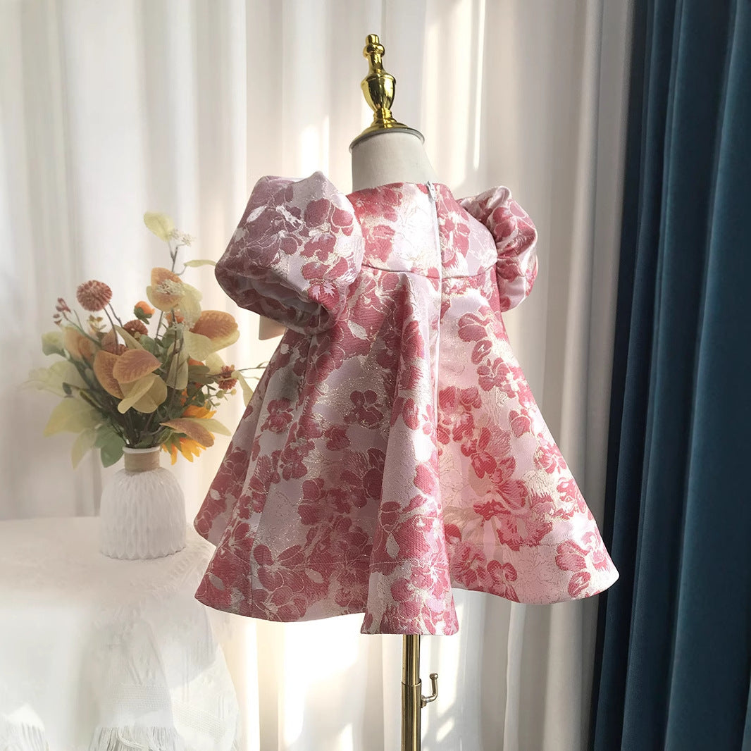 Abito da Cerimonia Jacquard Floreale con Fiocco