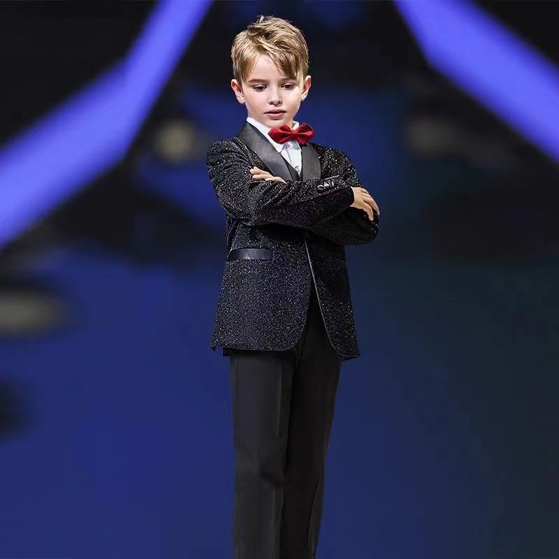 Completo Elegante Bambino 4 Pezzi Giacca Glitter Nera, Camicia, Pantalone e Papillon