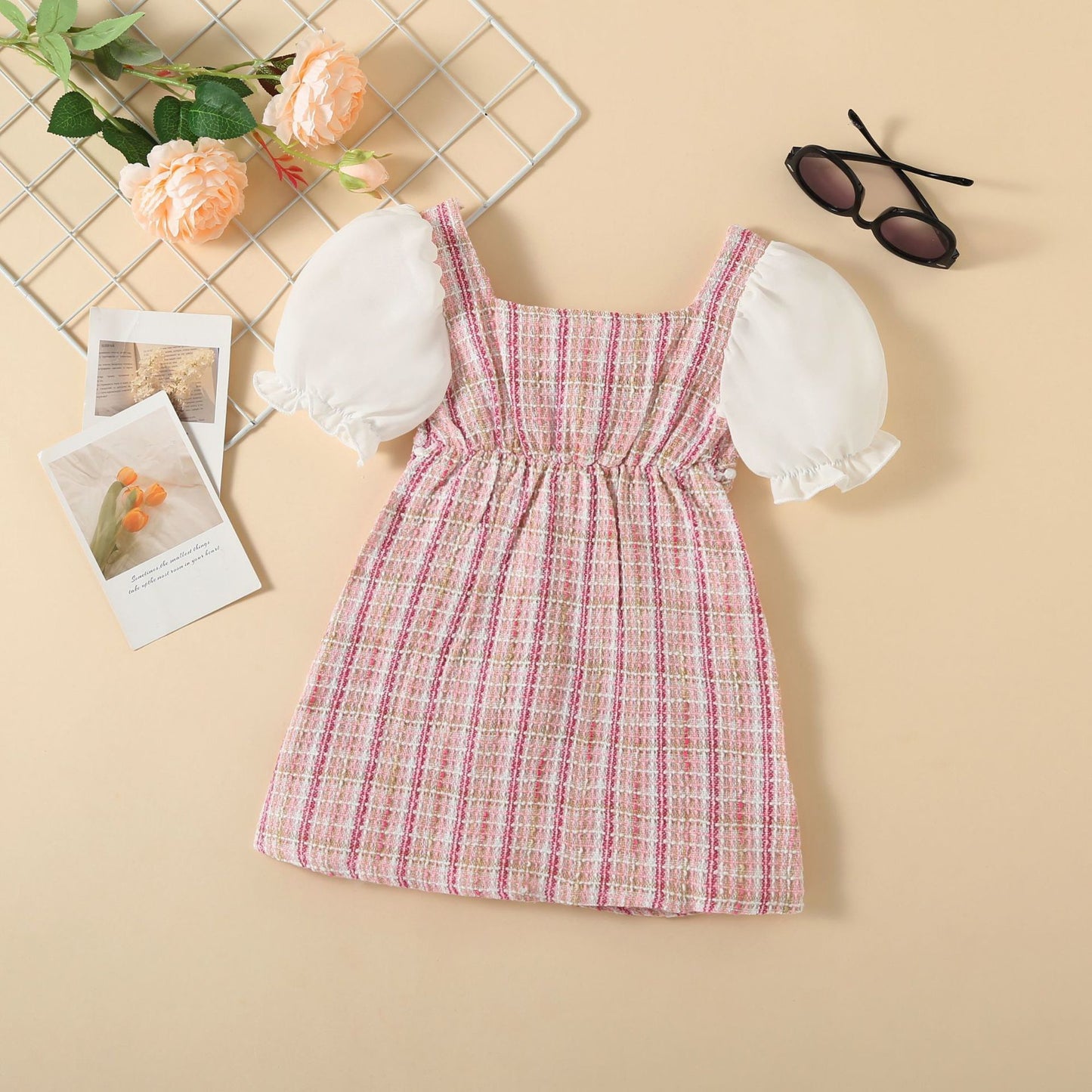 Abito Elegante Bambina in Tweed con Perle e Maniche a Palloncino