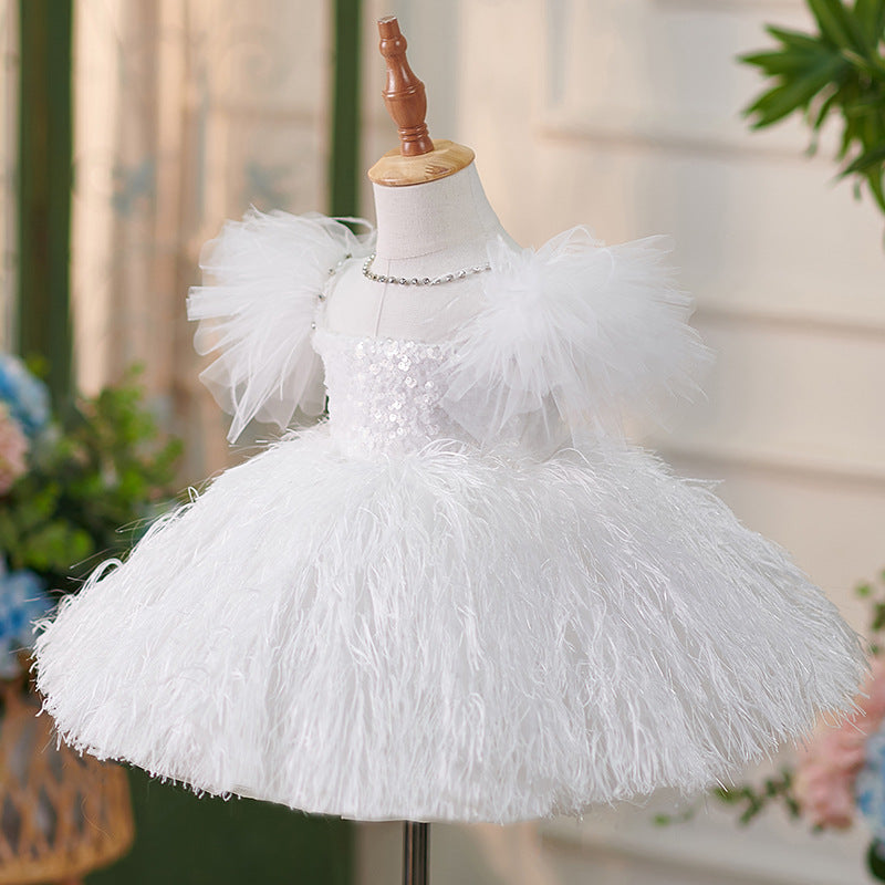 Abito cerimonia bambina Bianco piumato con paillettes