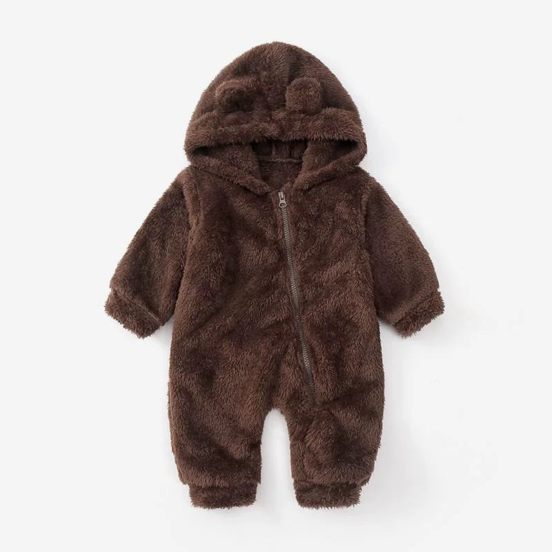 Tuta orsetto in pile con cappuccio e orecchiette – tutina invernale neonato unisex