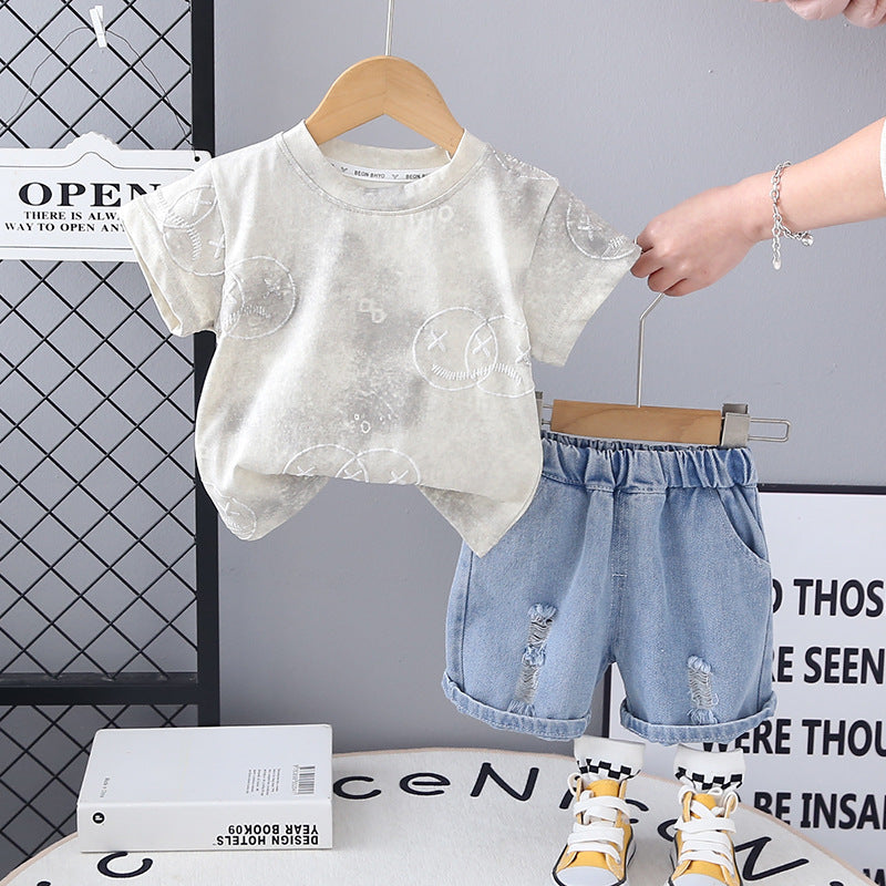 Completo Estivo Bimbo T-shirt Smiley Grigia e Shorts in Denim