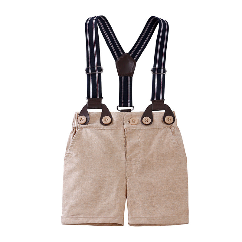 Completo Estivo Elegante Bimbo Camicia con Papillon, Shorts con Bretelle e Coppola