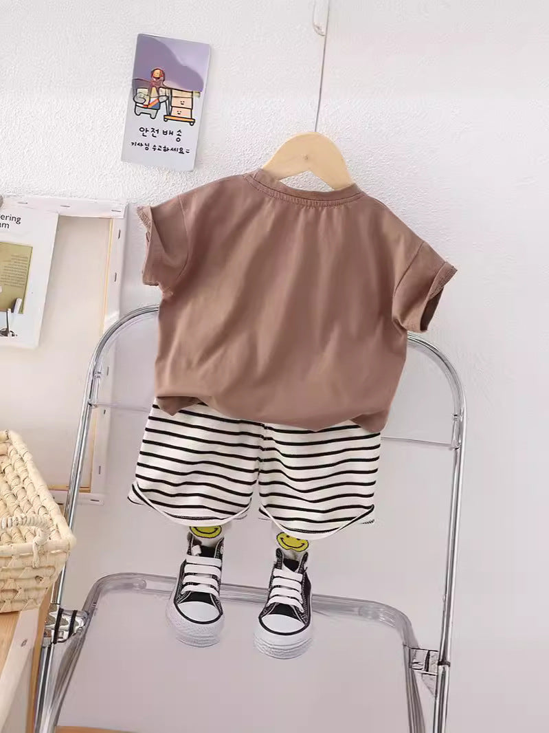 Completo Estivo Bimbo con T-shirt Stampa Orsetto e Pantaloncini a Righe