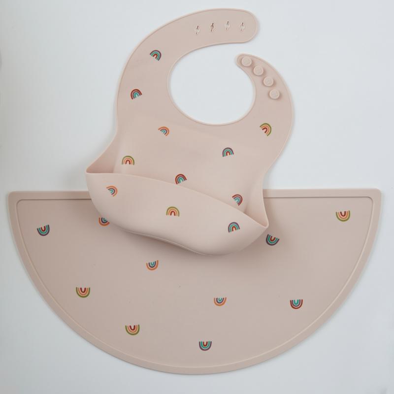 Set Bavaglino + Tovaglietta in Silicone Fantasia Arcobaleno Beige