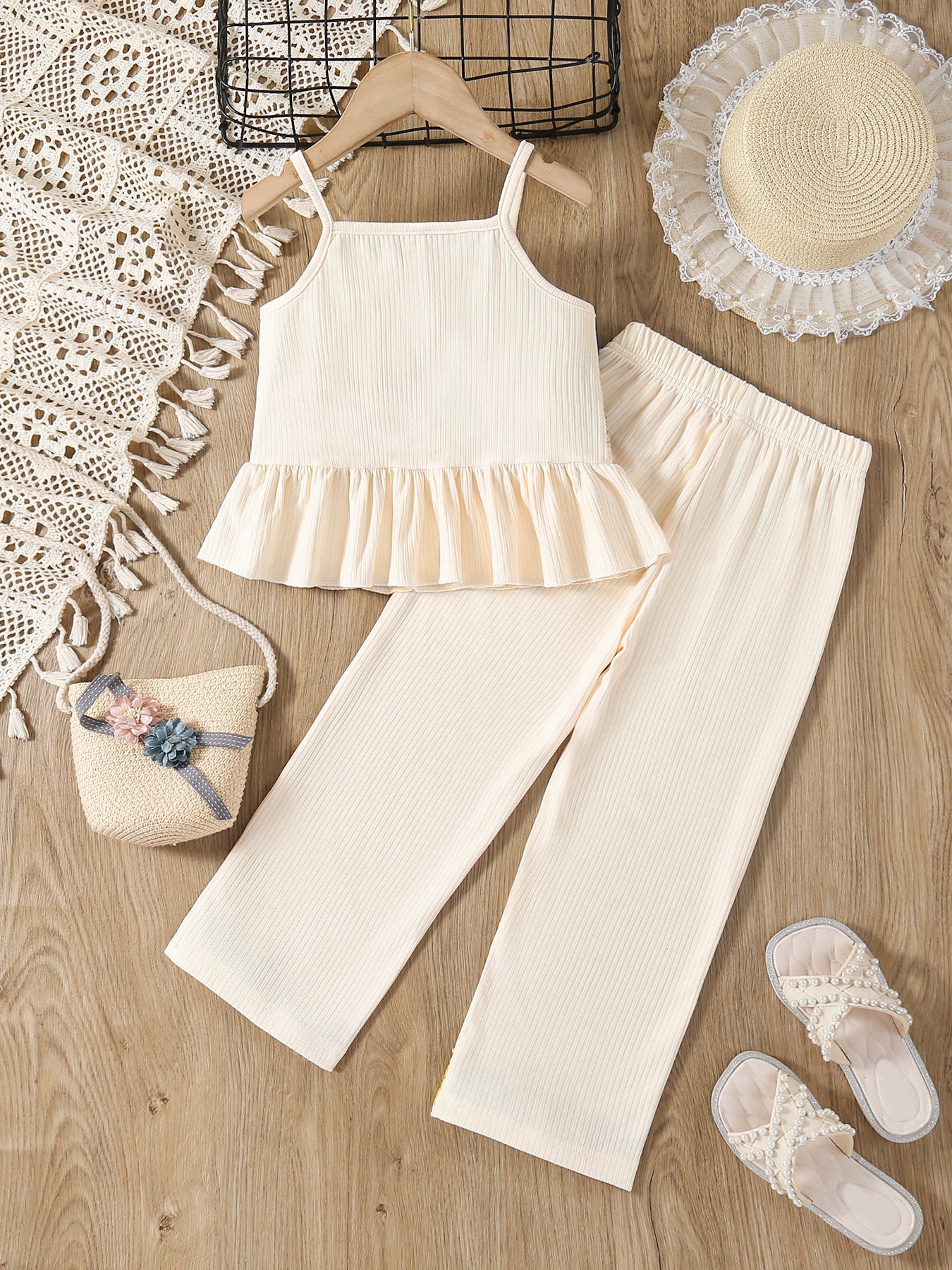 Completo estivo bambina boho chic Top e pantaloni panna con ricami colorati