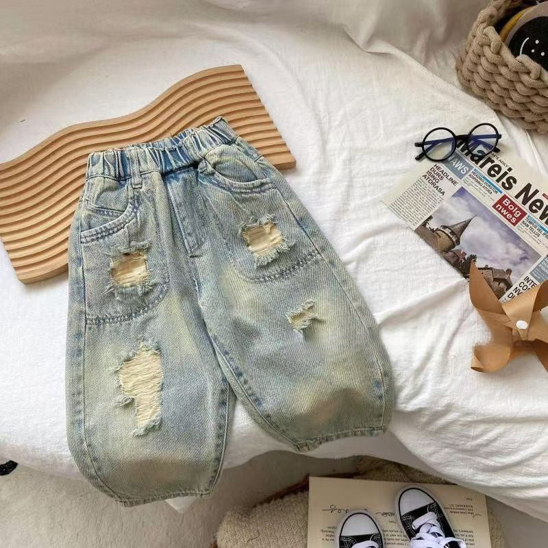 Jeans Bambino Stile Vintage Effetto Strappato e Lavaggio Chiaro