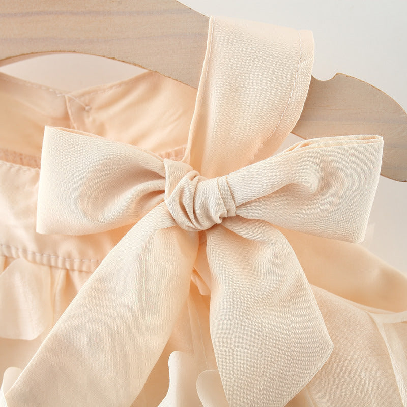 Abito Elegante per Bambina con Applicazioni Floreali e Fiocco