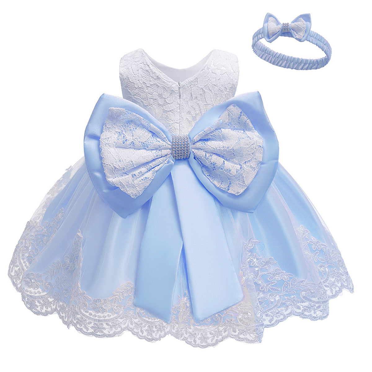 Vestito Elegante per Bambina con Fiocco e Pizzo - Completo con Fascia Coordinata