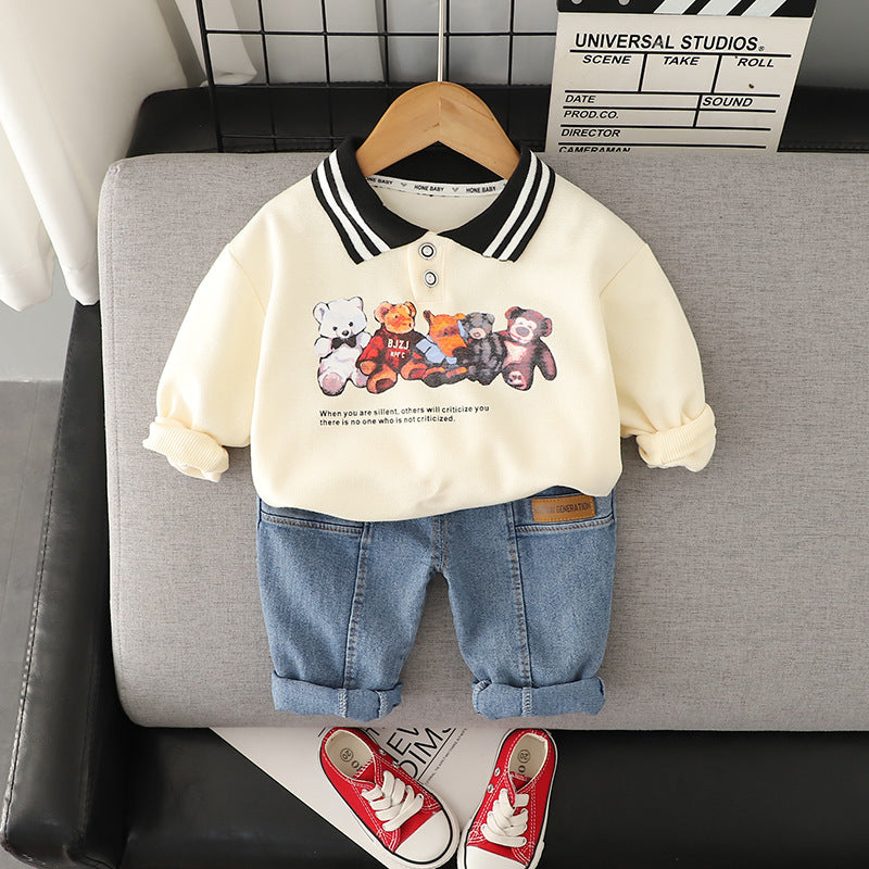 Completo Bimbo Casual - Polo Gialla con Stampa Orsetti e Jeans 95 % cotone