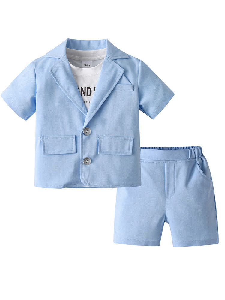 Completo Elegante 3 Pezzi Bimbo T-shirt, Giacca e Shorts Azzurri