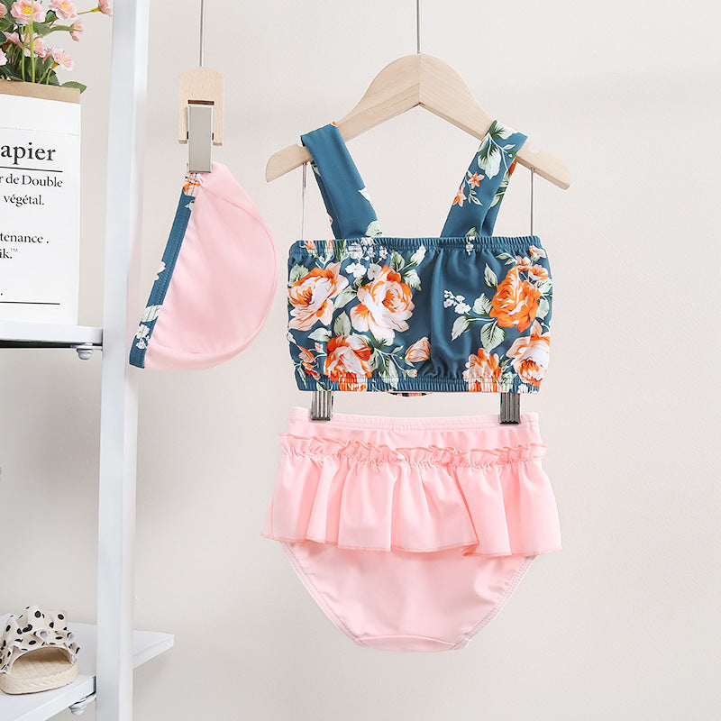 Costume bambina 3 pezzi Floreale Rosa e Verde