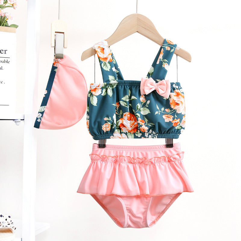 Costume bambina 3 pezzi Floreale Rosa e Verde