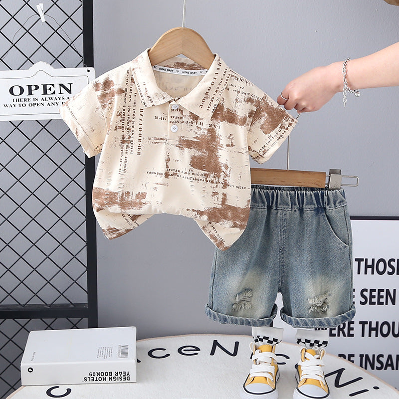 Completo Estivo Bimbo Polo Stampata e Shorts in Denim