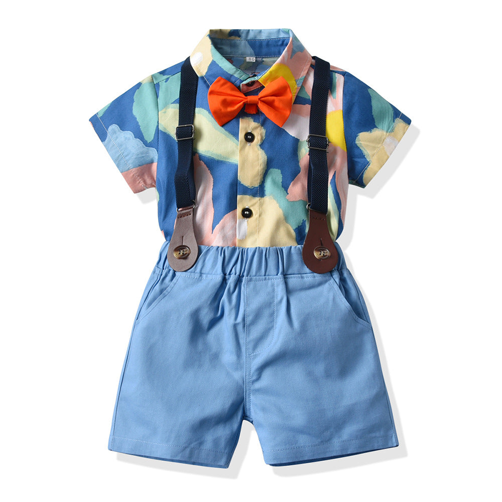 Completo Estivo 3 Pezzi per Bambino – Body Camicia Floreale, Pantaloncini con Bretelle e Papillon