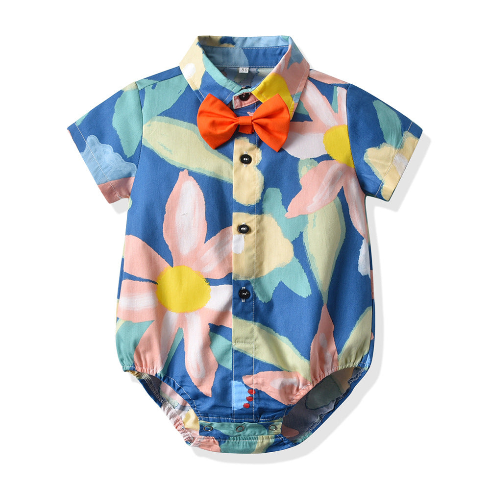 Completo Estivo 3 Pezzi per Bambino – Body Camicia Floreale, Pantaloncini con Bretelle e Papillon