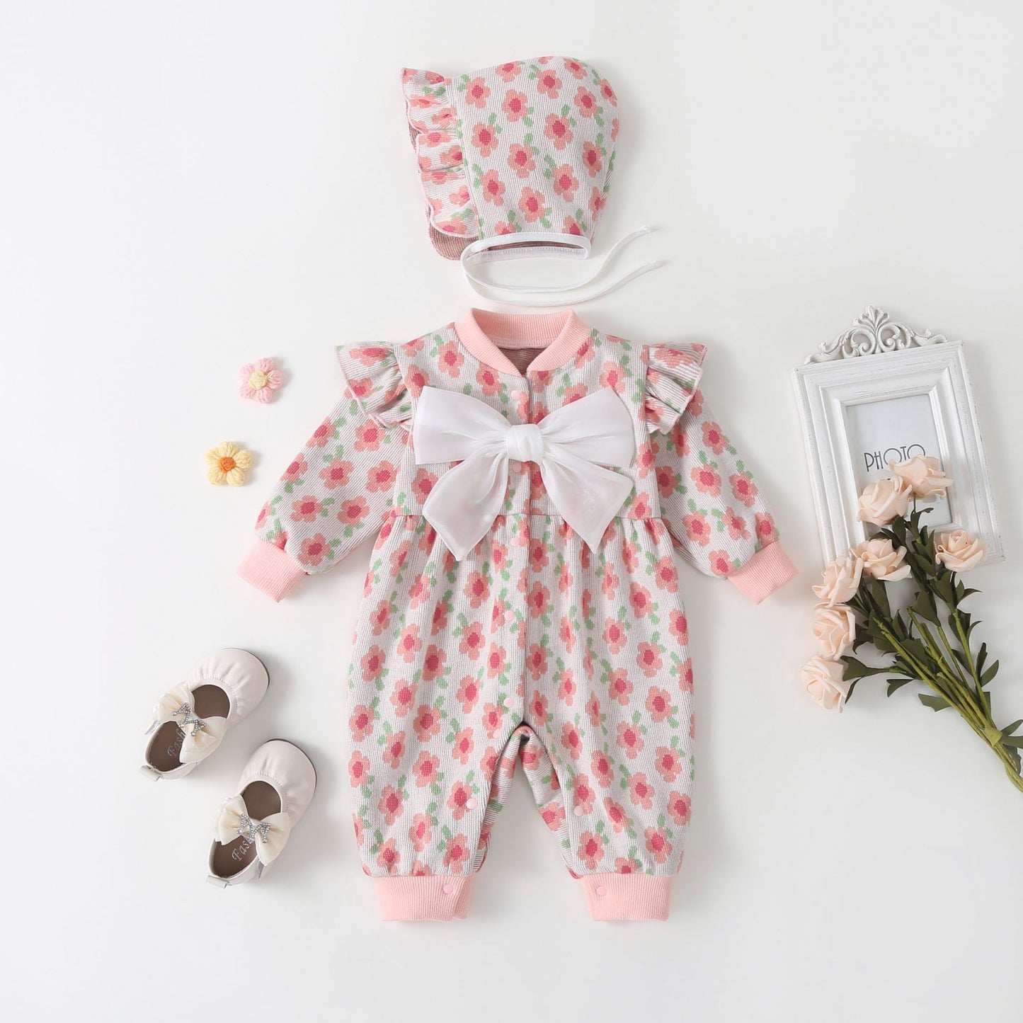 Tutina e cuffia Neonata / Bimba in Cotone- Stile Vintage