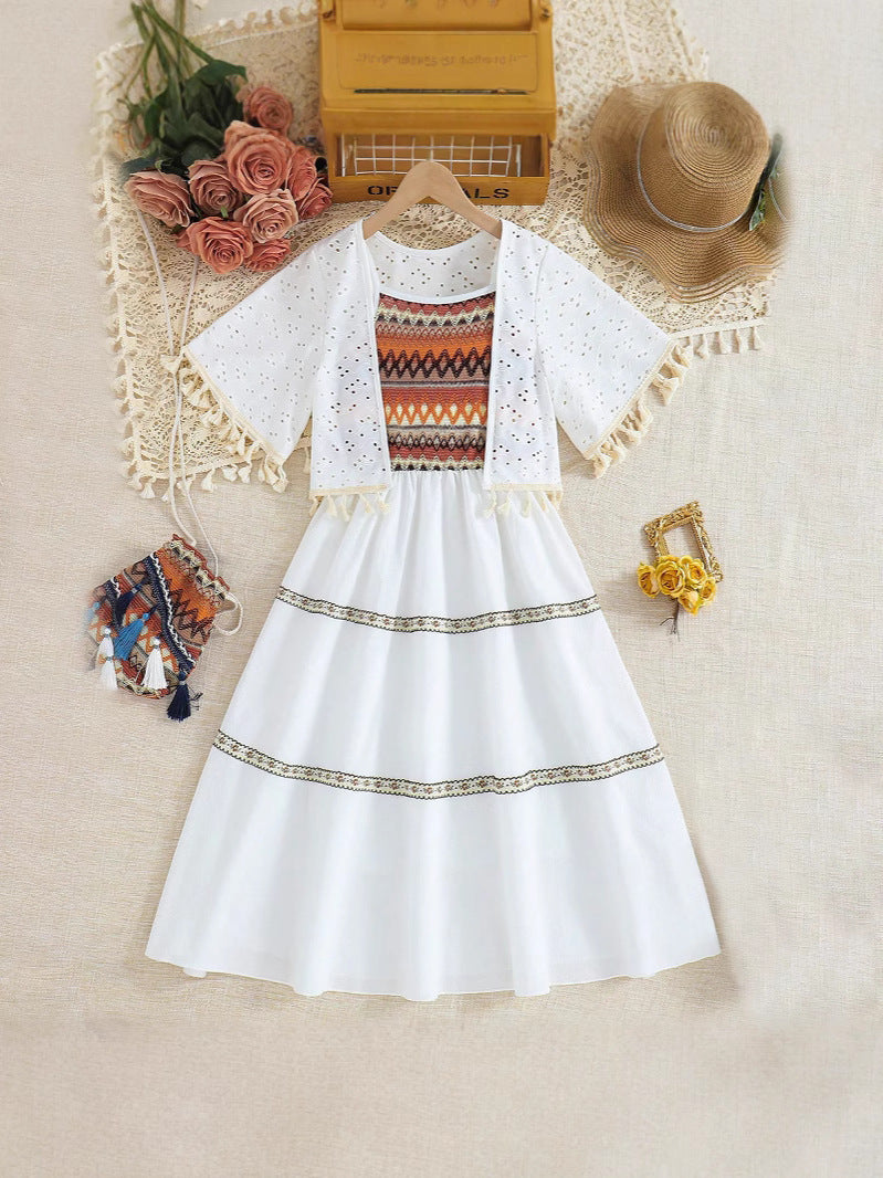 Set Boho Chic Bambina Abito Lungo con Cardigan e Borsa Coordinata