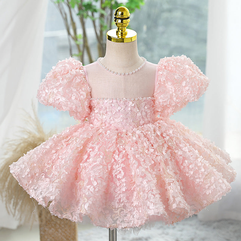 Abito Cerimonia Bimba Rosa con Fiori 3D e Maniche a Palloncino