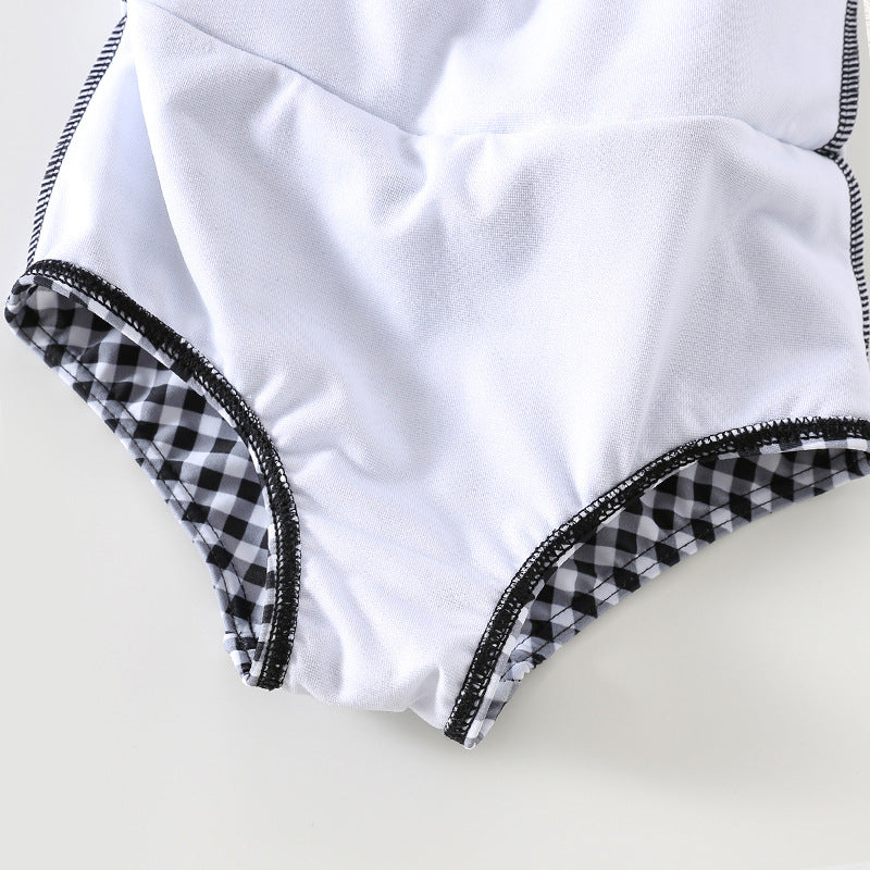 Costume Intero Bambina Vichy con Gonnellina Rosa e Fiocco – 3 Pezzi