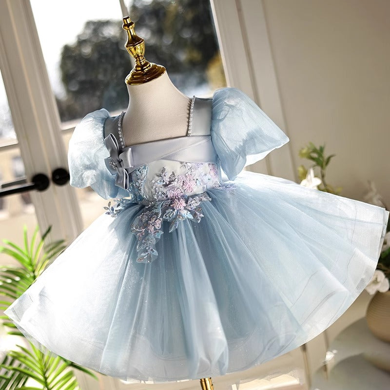 Abito da Cerimonia Bambina Azzurro con Fiocco e Fiori Ricamati