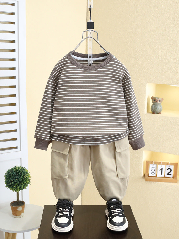 Set 3 Pezzi Bambino – Giacca con Cappuccio, Maglia a Righe e Pantaloni Cargo