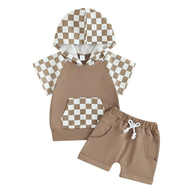 Completino Bimbo Estivo con Felpa a Scacchi e Pantaloncini