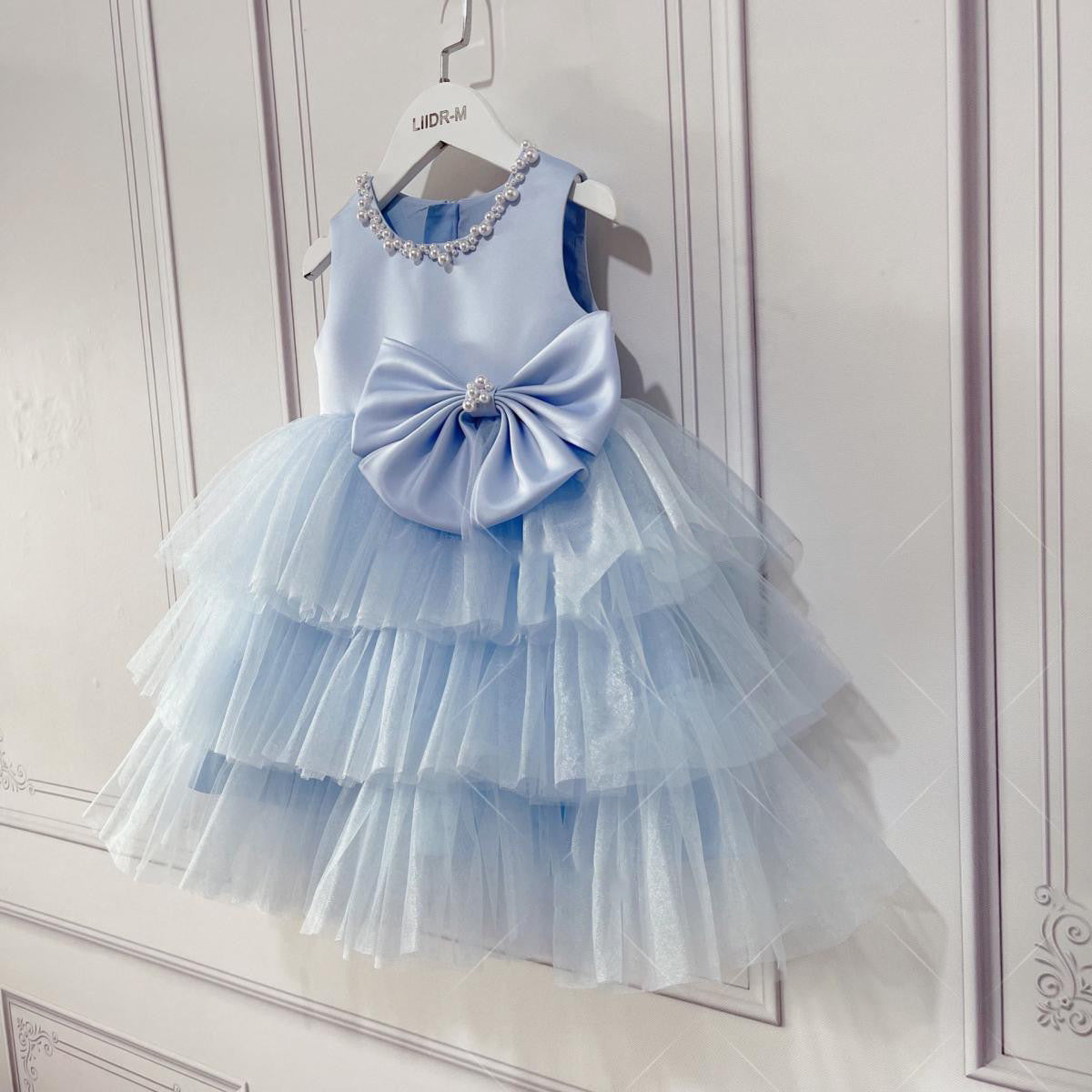 Abito da Cerimonia Bimba Azzurro con Fiocco e Gonna a Balze