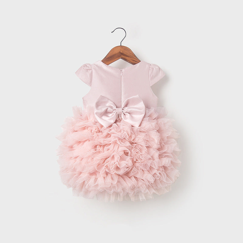 Abito Cerimonia Bambina Rosa Gonna Voluminosa in Tulle e Fiocco Satinato