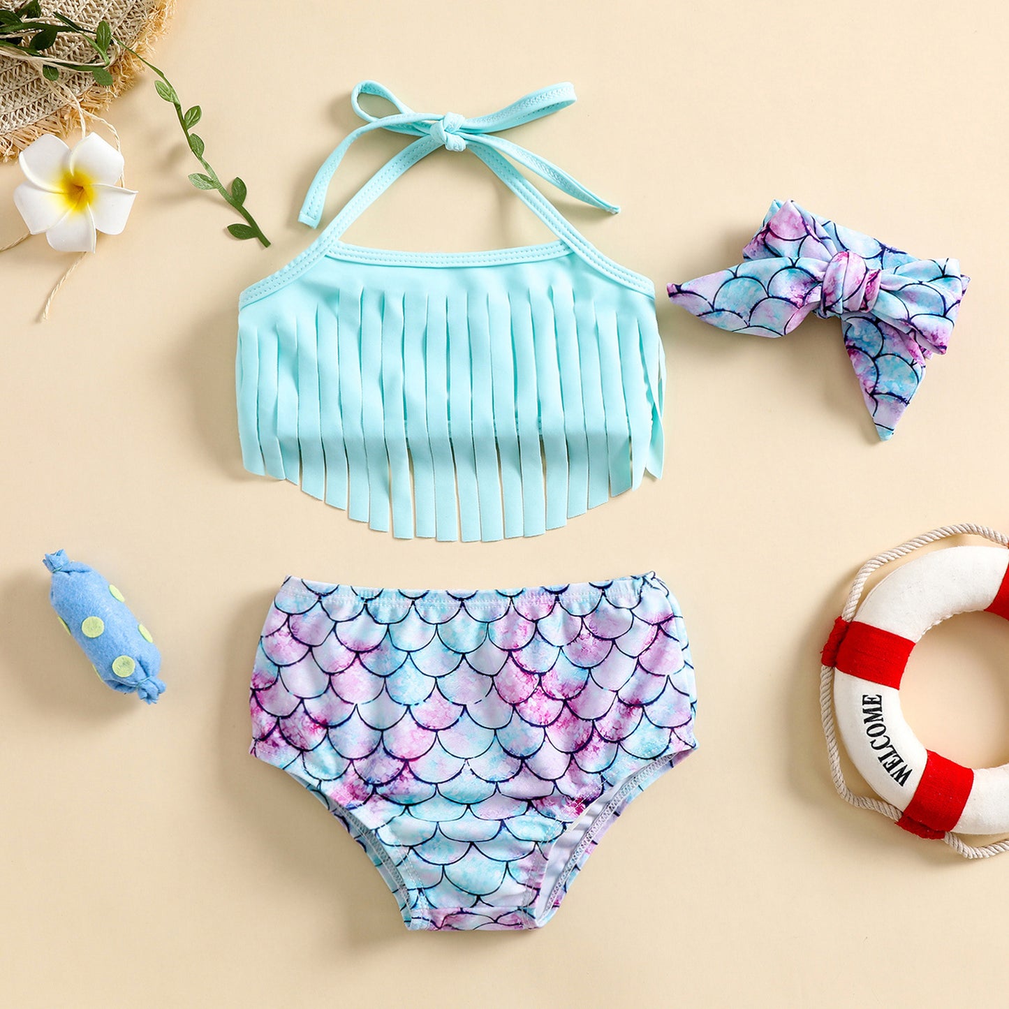Costume Bambina 3 Pezzi – Sirena con Frange e Fiocco