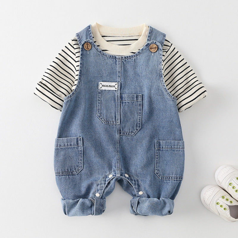 Completo Neonato 2 Pezzi – Maglia a Righe + Salopette Jeans con Tasche
