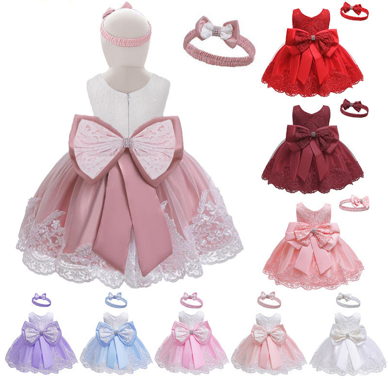 Vestito Elegante per Bambina con Fiocco e Pizzo - Completo con Fascia Coordinata