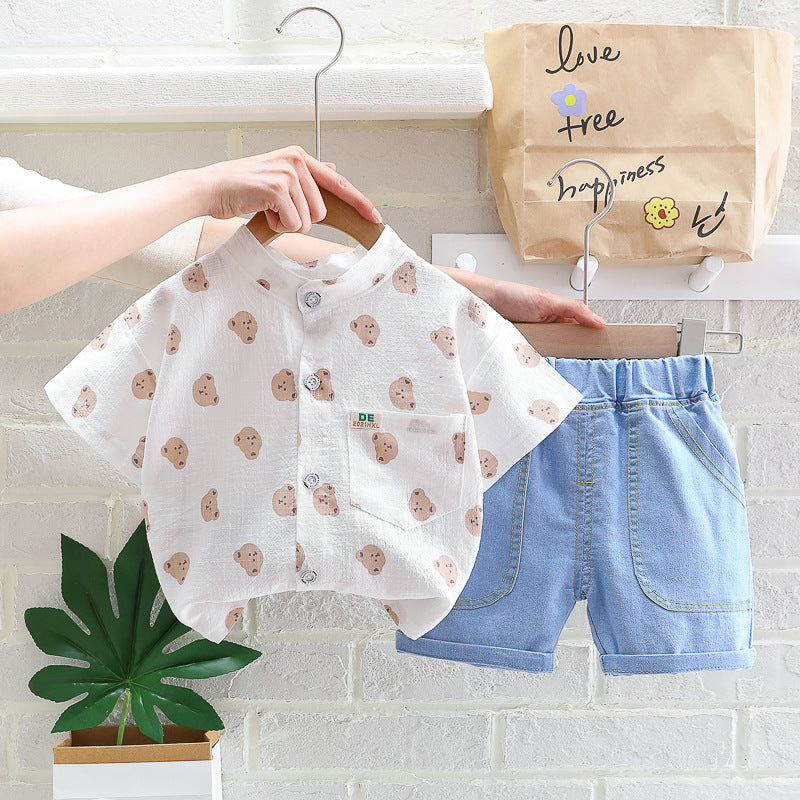 Completo Estivo Bambini Camicia Stampata e Shorts in Jeans