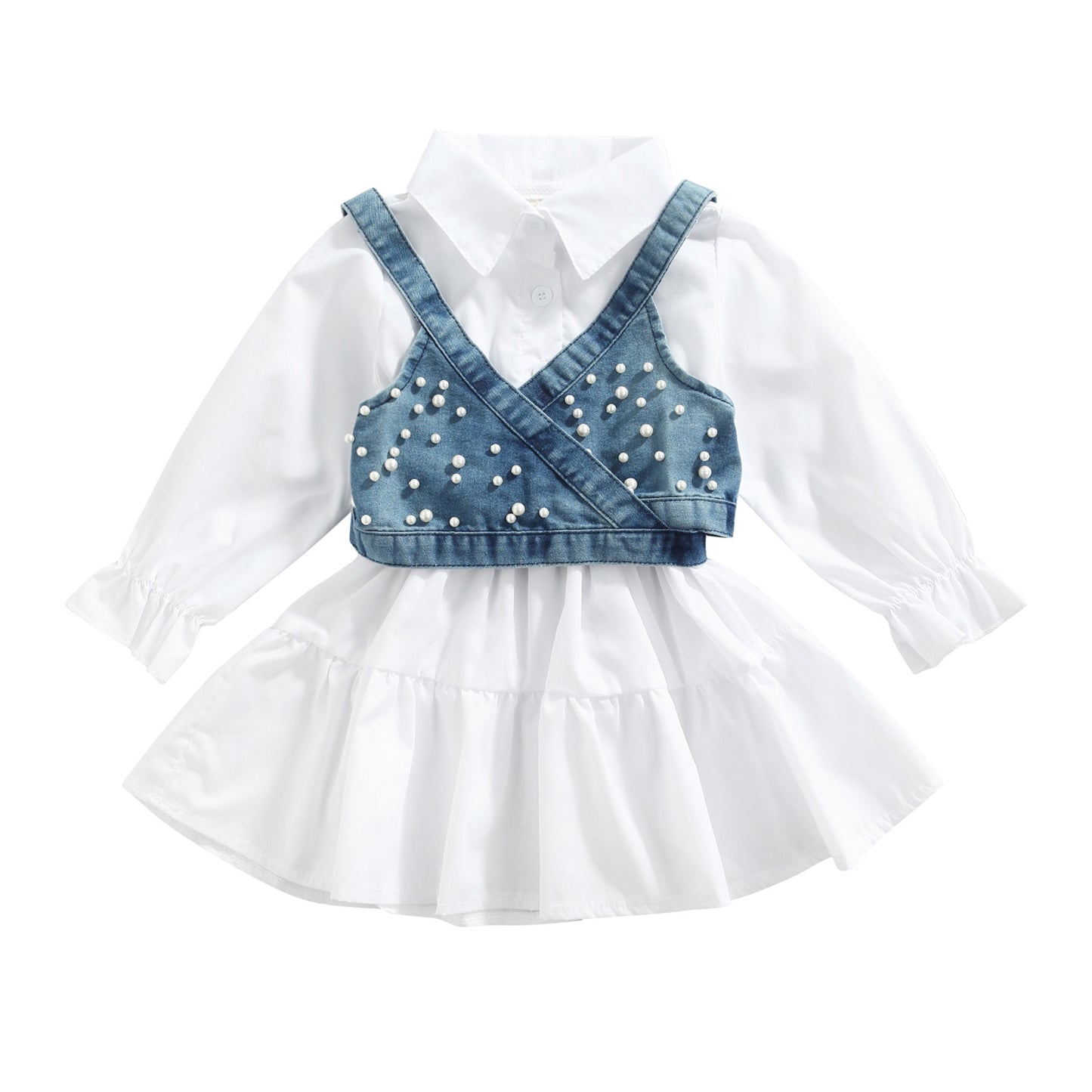 Vestito Bimba con Camicia Bianca e Top in Denim con Perline