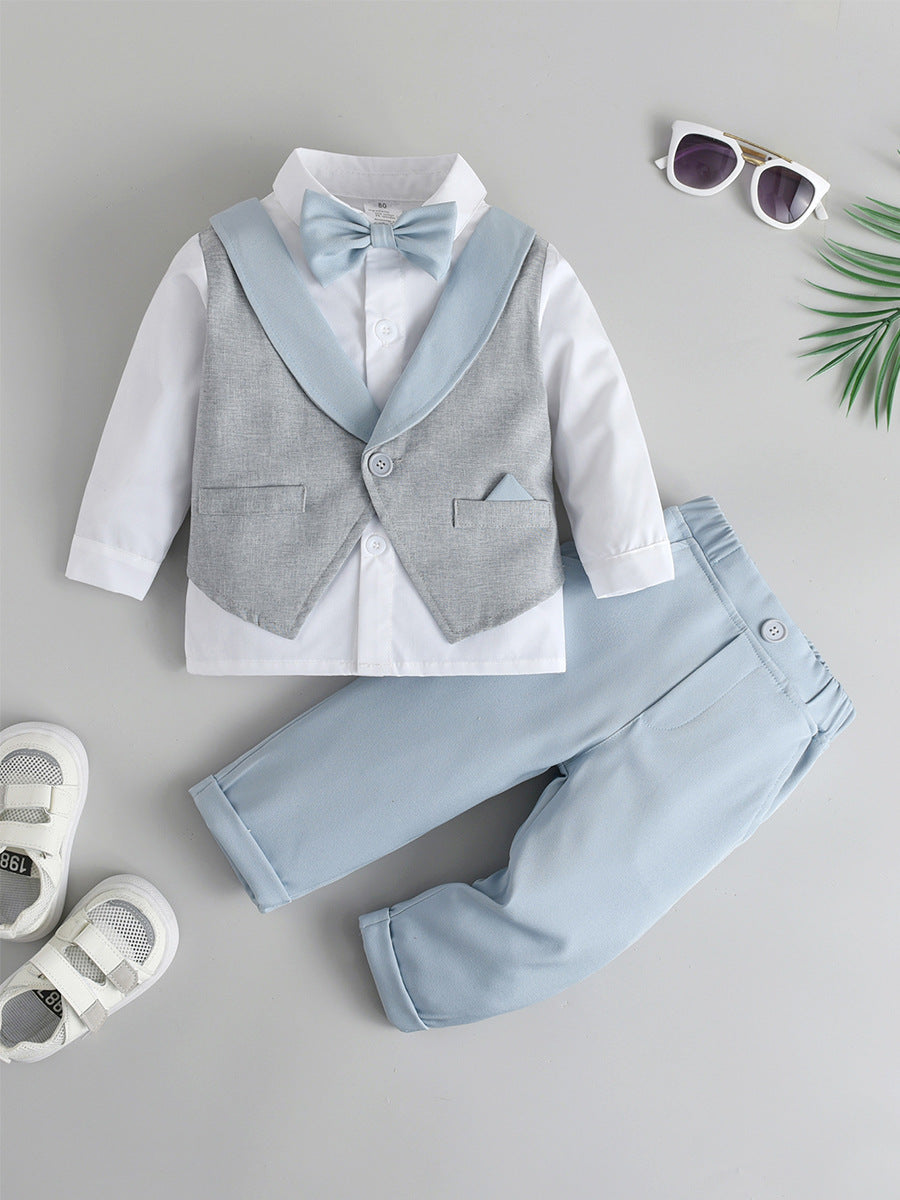 Completo Elegante Bambino Camicia, Gilet, Papillon e Pantaloni Azzurri