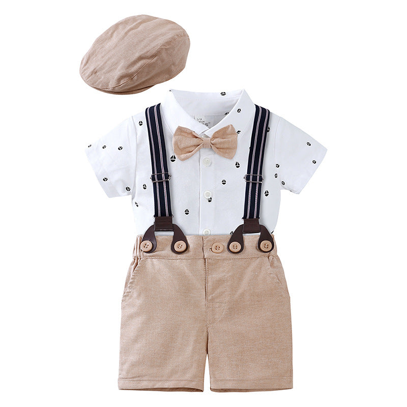 Completo Estivo Elegante Bimbo Camicia con Papillon, Shorts con Bretelle e Coppola