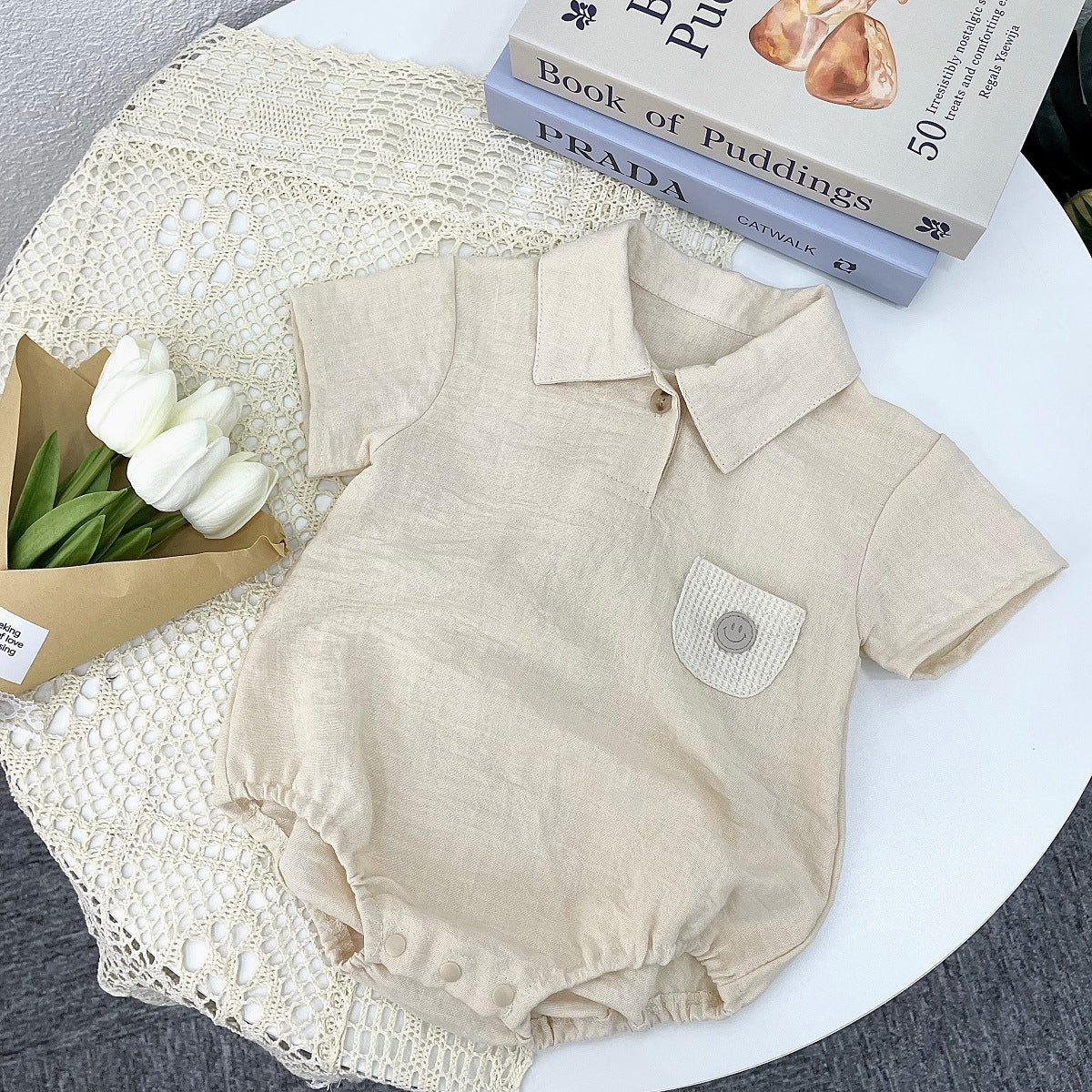 Body estivo con colletto e taschino smile in lino misto cotone