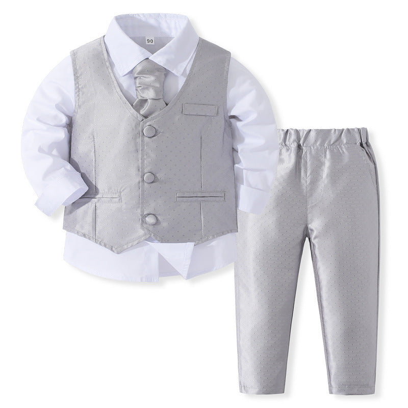 Completo Elegante 3 Pezzi Bambino Grigio Perla Satinato con Gilet e Cravatta