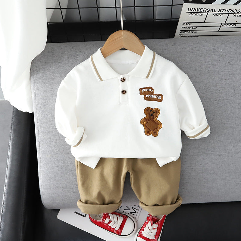 Completo Bimbo Autunnale Polo con Orsetto e Pantaloni Beige