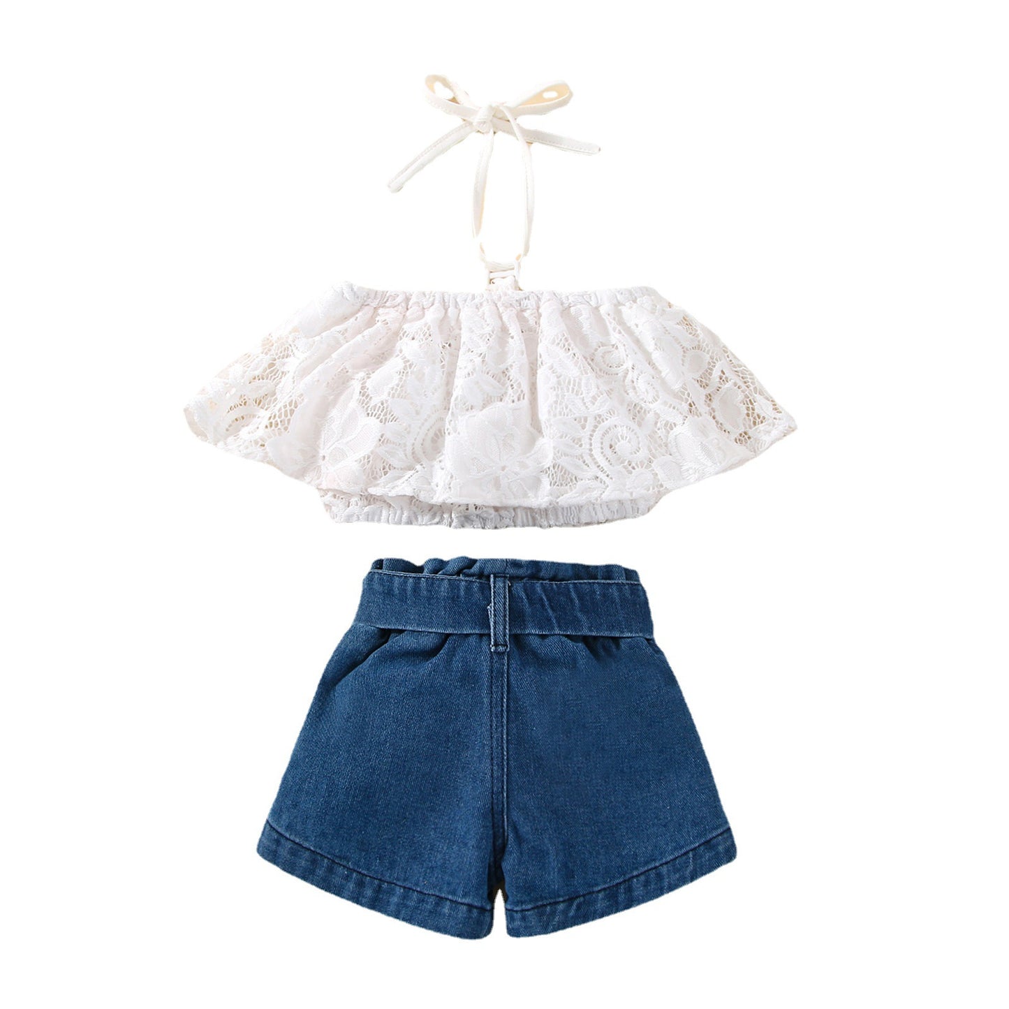 Completo estivo bambina con top in pizzo e shorts in denim