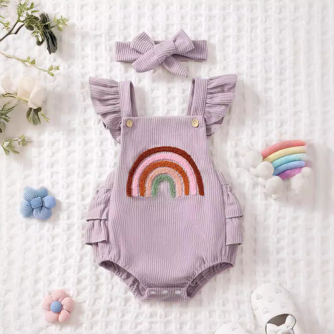 Completo Neonata in Velluto a Coste con Arcobaleno – Body con Volant + Fascia