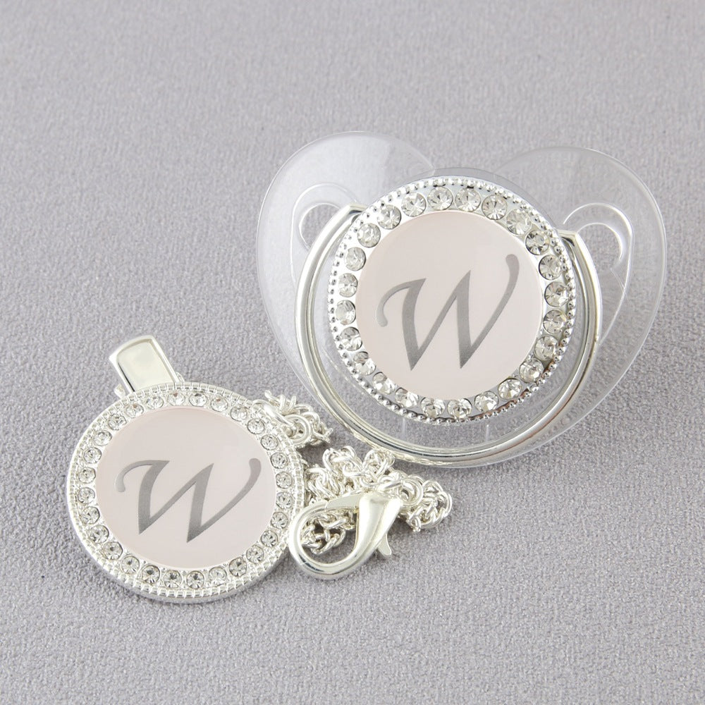 Set Ciuccio Trasparente e argento Luxury con Clip – Personalizzato con Iniziale 6-12 mesi