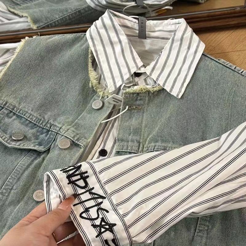 Set Outfit Bambino Gilet in Denim, Camicia a Righe e Jeans Casual