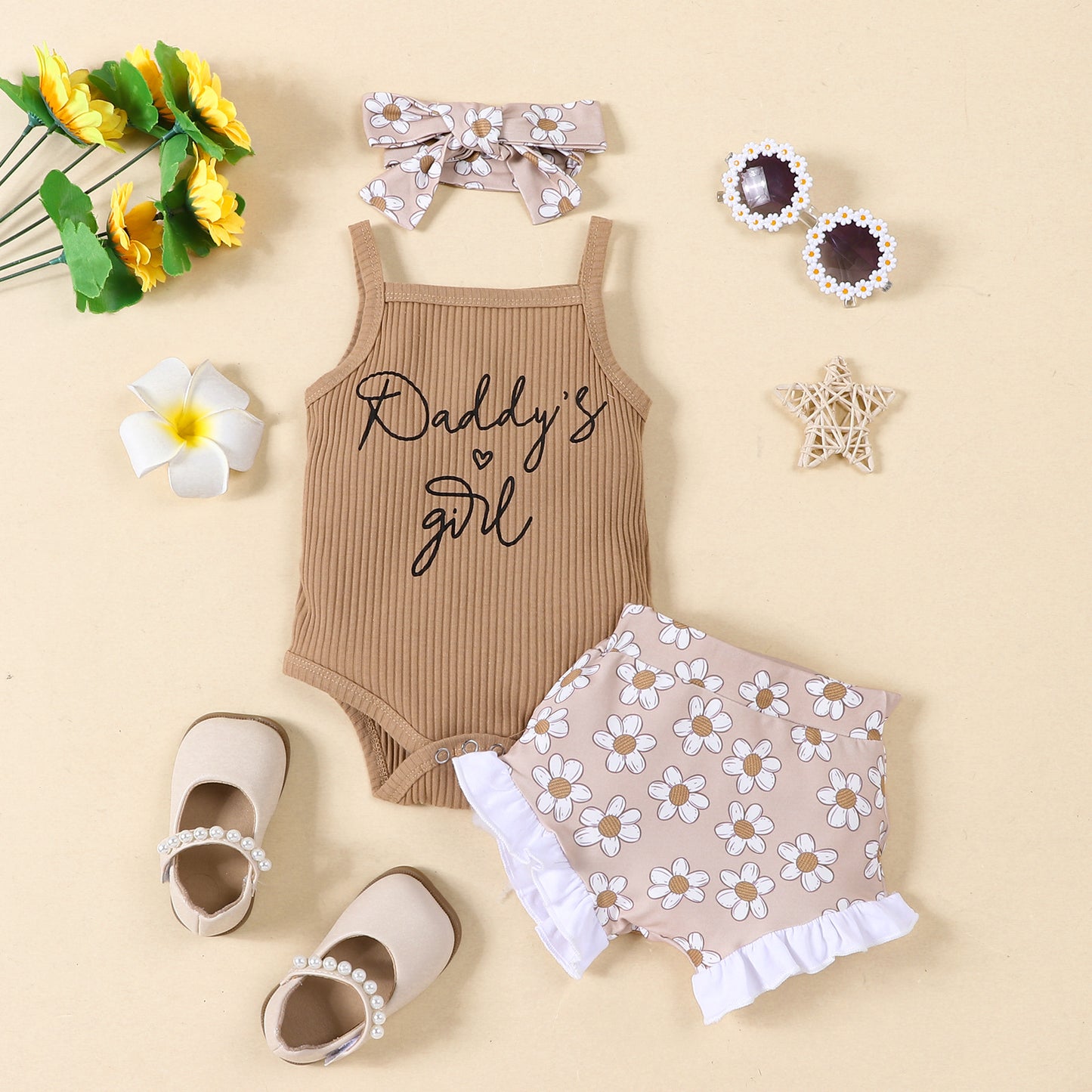 Completo Estivo Neonata Body "Daddy’s Girl", Shorts a Fiori e Fascia