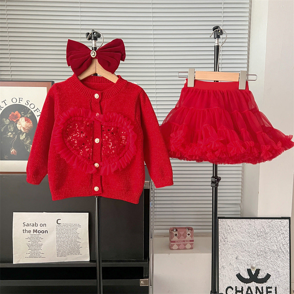 Completo Bambina Maglioncino Cuore con Paillettes e Gonna in Tulle Volant