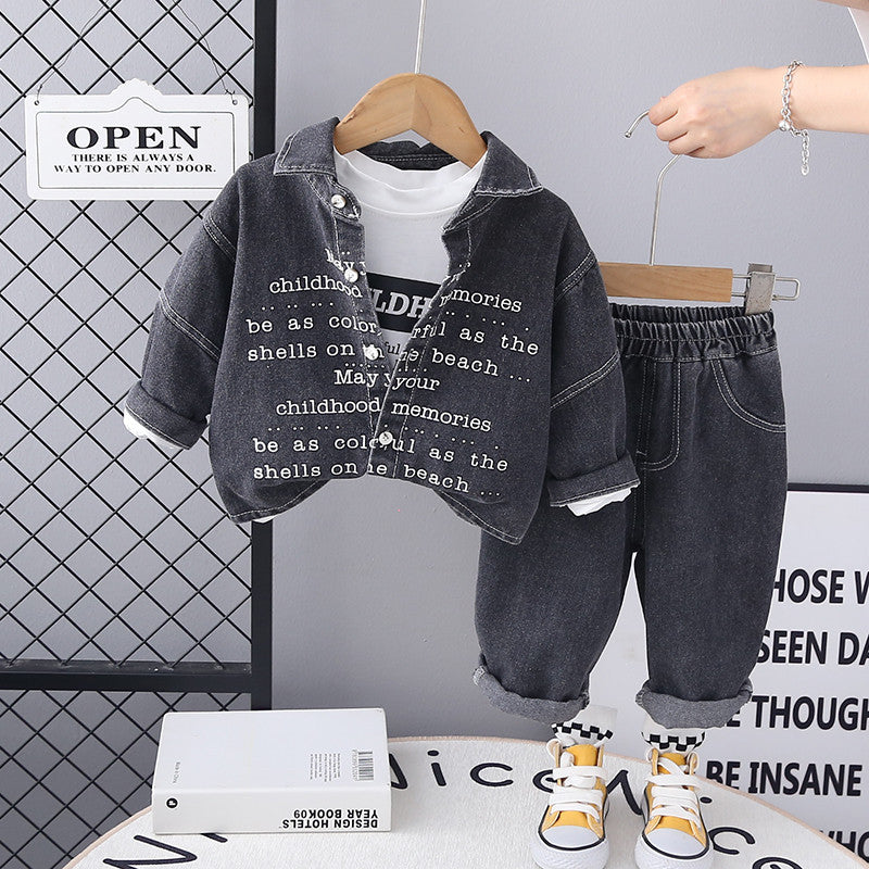Completo Bimbo "Urban Memories" Giacca in Jeans Nero, T-shirt e Pantaloni
