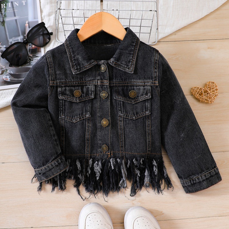 Giacca di Jeans Bambina Stile Casual con Orlo Sfilacciato